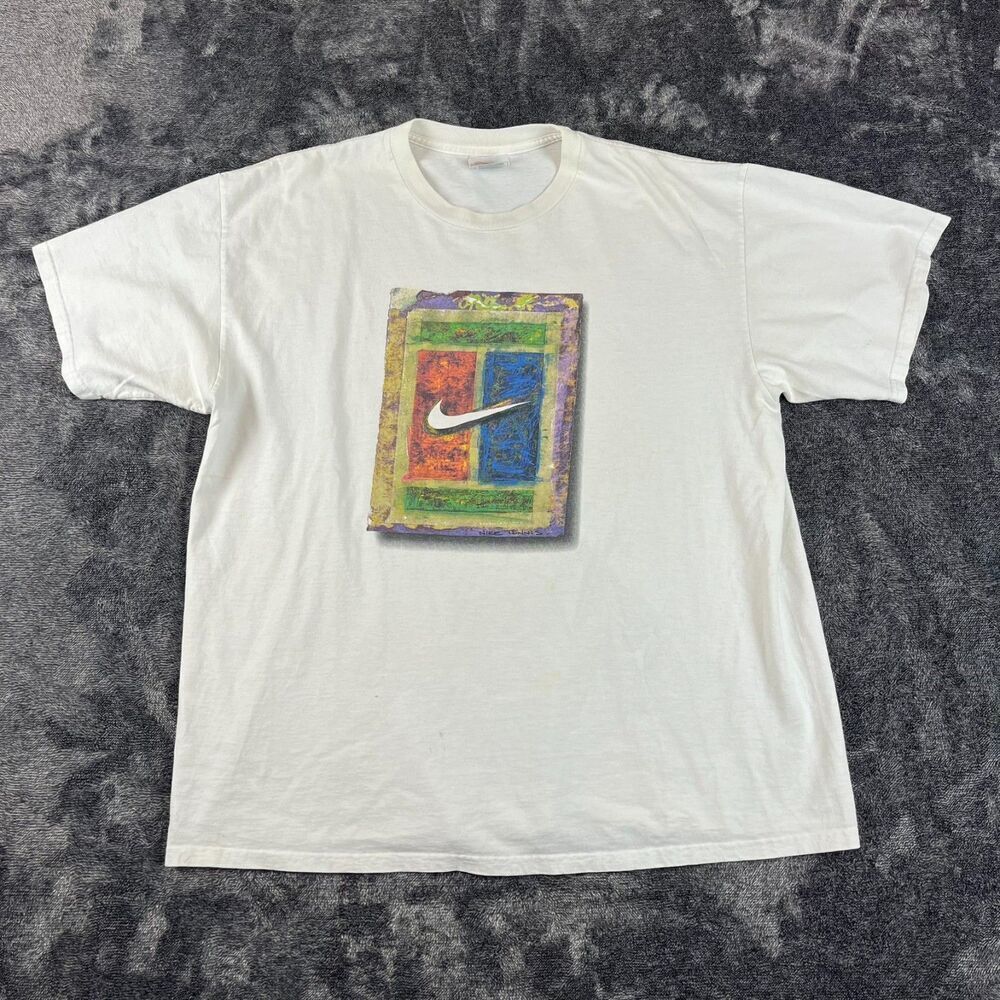 Vintage Nike Tennis Challenge Court Andre Agassi Art Swoosh T-Shirt L White*